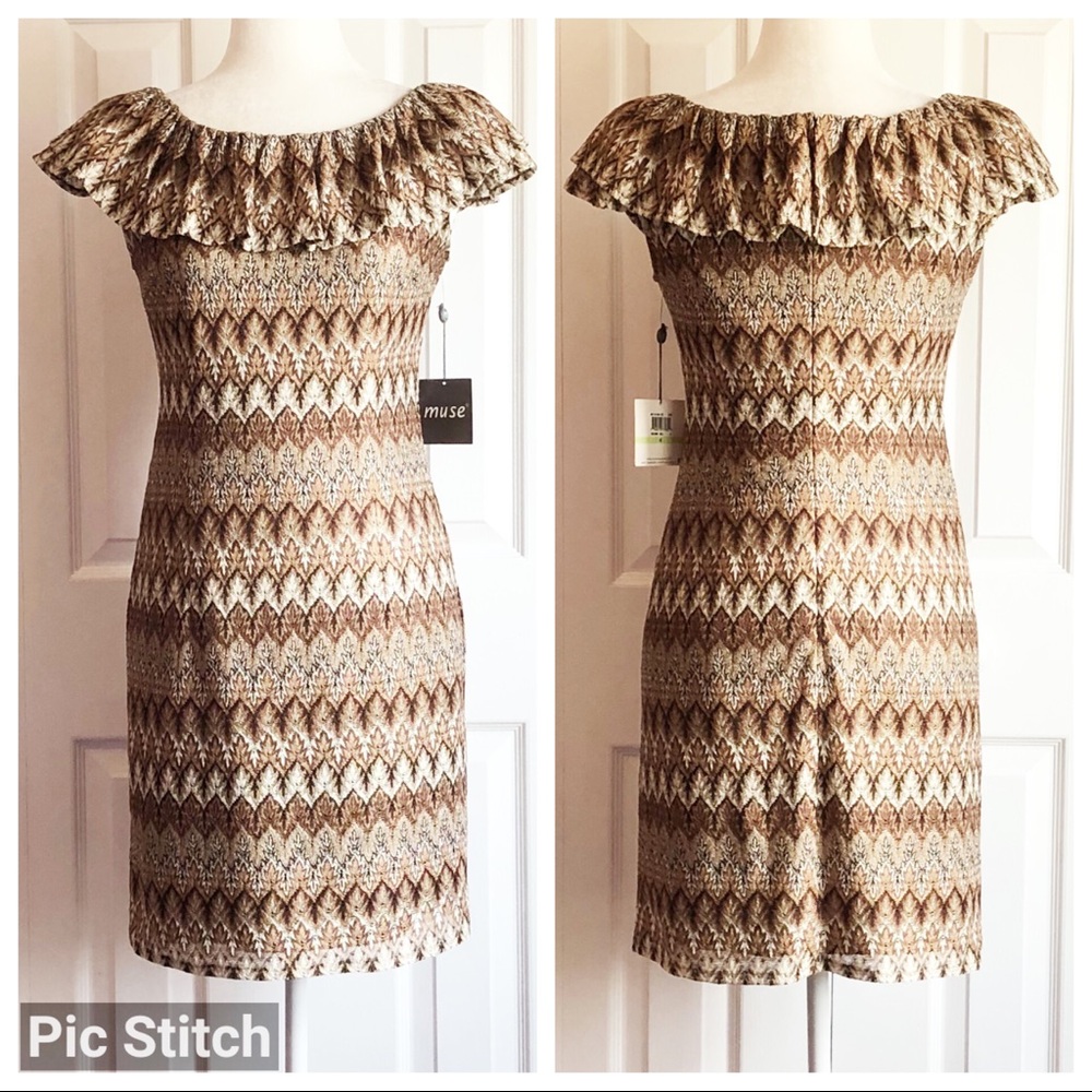 NWT Muse Boho Tan Chevron Ruffle Bodycon Mini Sheath Dress 4